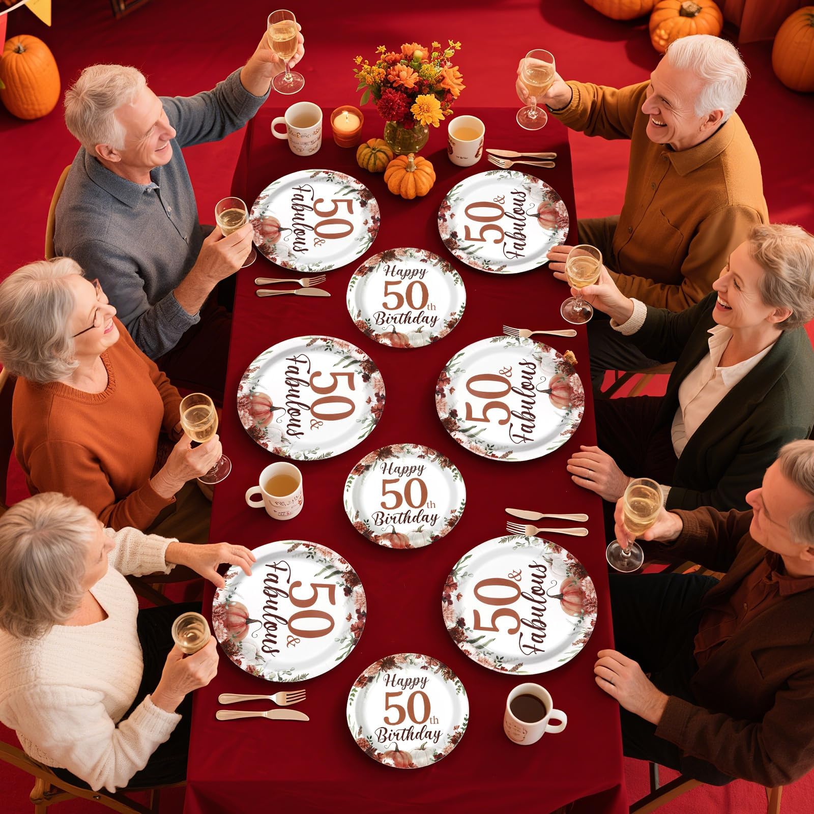 96 Pcs Burgundy Floral 50th Birthday Party Plates and Napkins - Grencian
