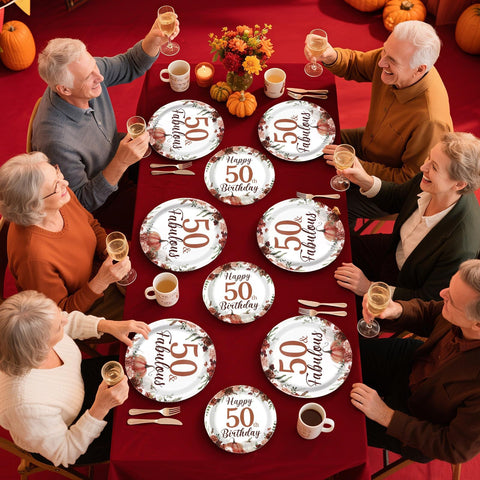 96 Pcs Burgundy Floral 50th Birthday Party Plates and Napkins - Grencian