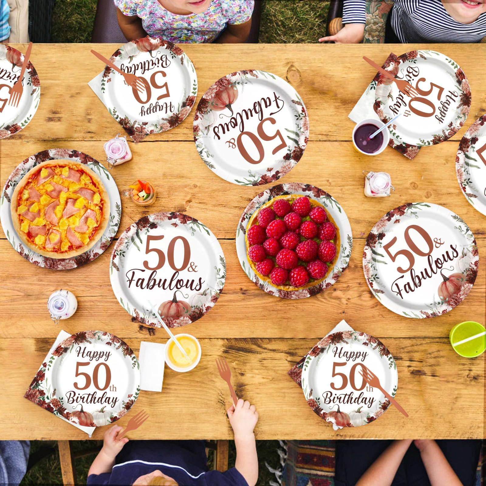 96 Pcs Burgundy Floral 50th Birthday Party Plates and Napkins - Grencian
