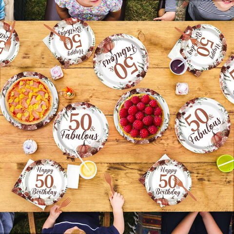 96 Pcs Burgundy Floral 50th Birthday Party Plates and Napkins - Grencian
