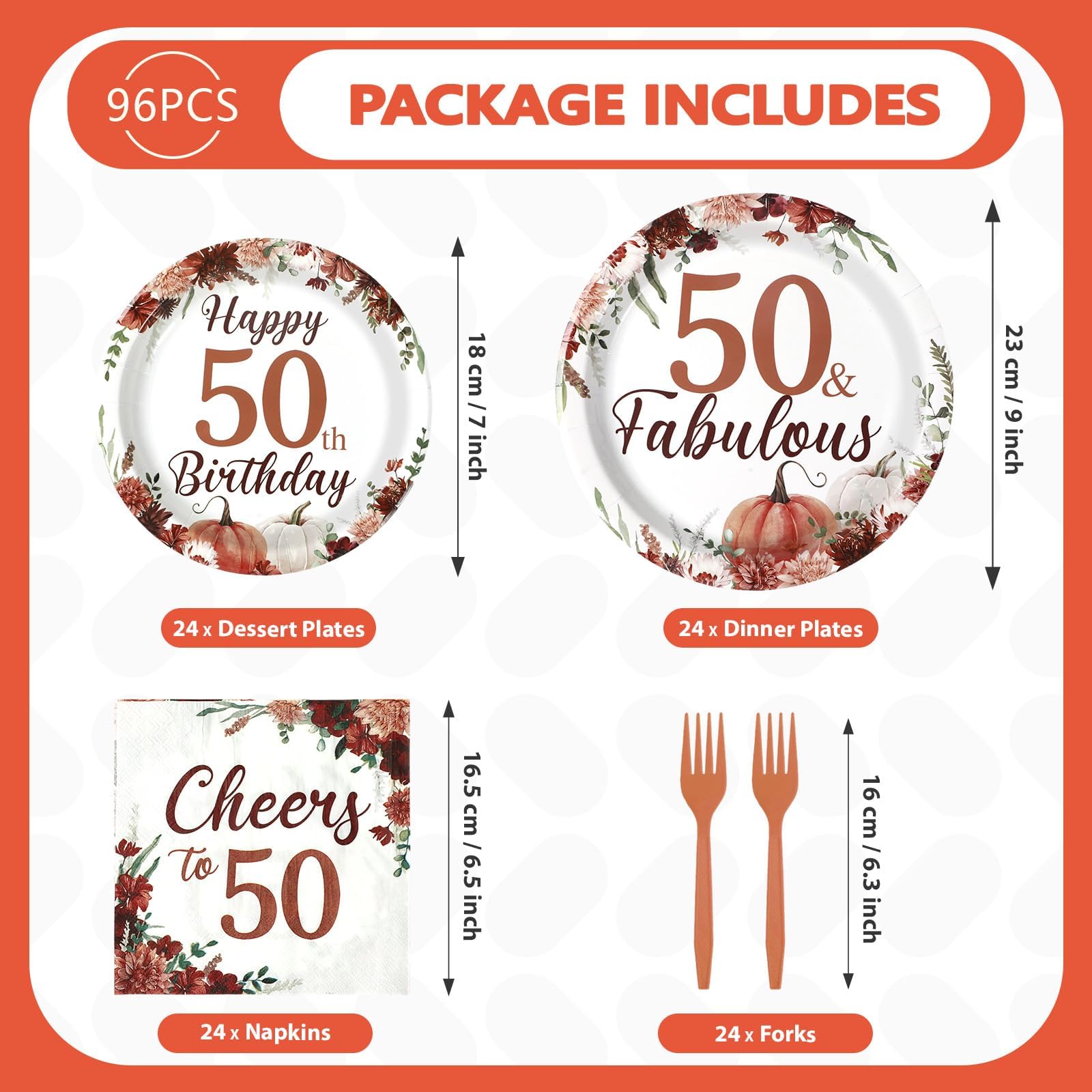 96 Pcs Burgundy Floral 50th Birthday Party Plates and Napkins - Grencian
