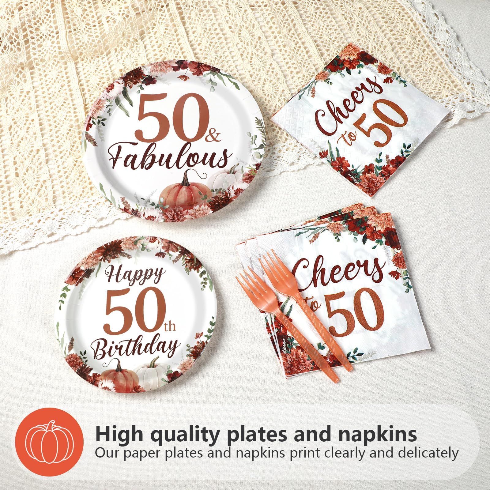 96 Pcs Burgundy Floral 50th Birthday Party Plates and Napkins - Grencian