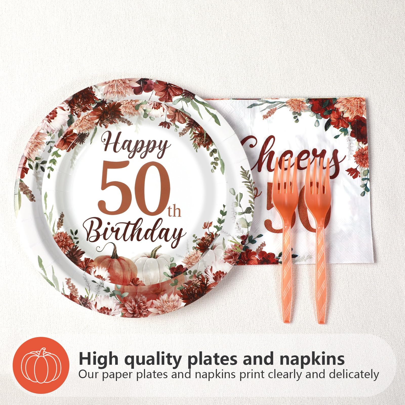 96 Pcs Burgundy Floral 50th Birthday Party Plates and Napkins - Grencian