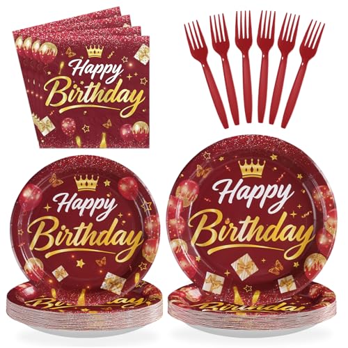 96 Pcs Burgundy Gold Birthday Party Plates and Napkins - Grencian