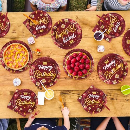 96 Pcs Burgundy Gold Birthday Party Plates and Napkins - Grencian