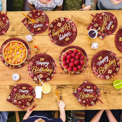 96 Pcs Burgundy Gold Birthday Party Plates and Napkins - Grencian