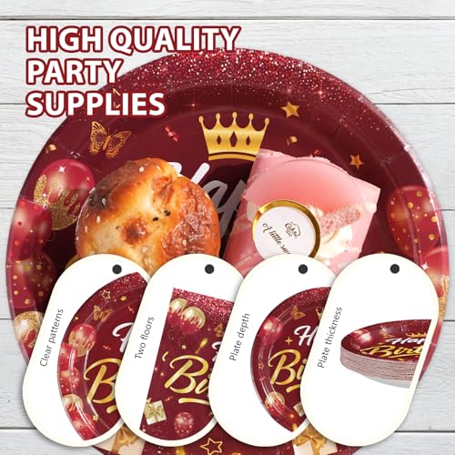 96 Pcs Burgundy Gold Birthday Party Plates and Napkins - Grencian