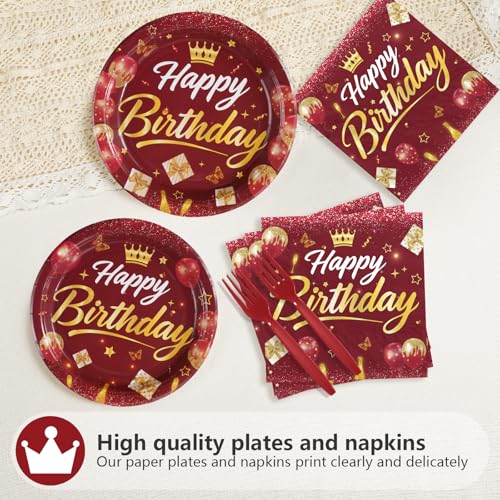 96 Pcs Burgundy Gold Birthday Party Plates and Napkins - Grencian