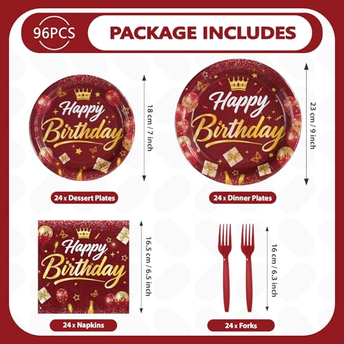 96 Pcs Burgundy Gold Birthday Party Plates and Napkins - Grencian