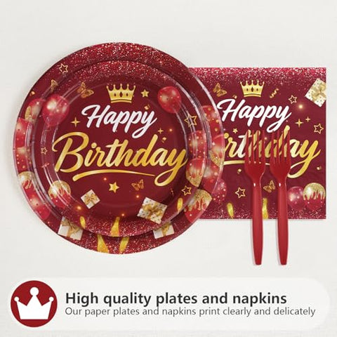 96 Pcs Burgundy Gold Birthday Party Plates and Napkins - Grencian