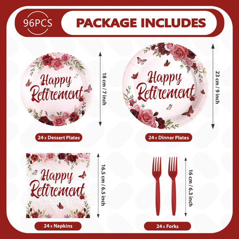 96 Pcs Burgundy Retirement Party Plates and Napkins - Grencian