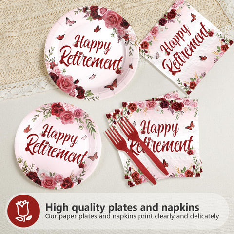 96 Pcs Burgundy Retirement Party Plates and Napkins - Grencian