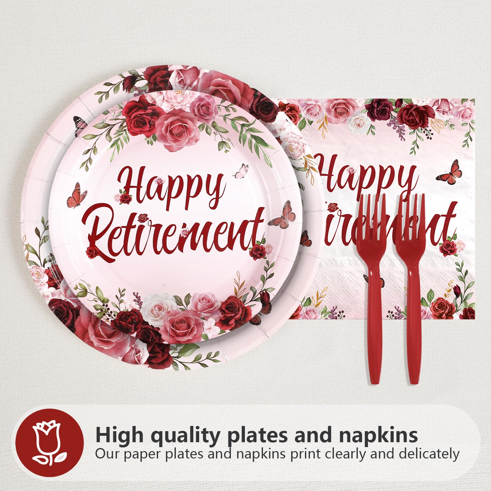 96 Pcs Burgundy Retirement Party Plates and Napkins - Grencian