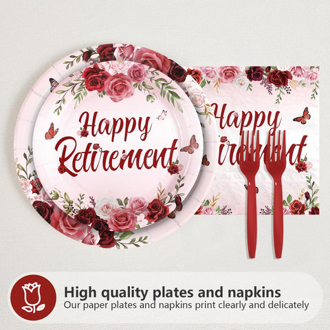 96 Pcs Burgundy Retirement Party Plates and Napkins - Grencian