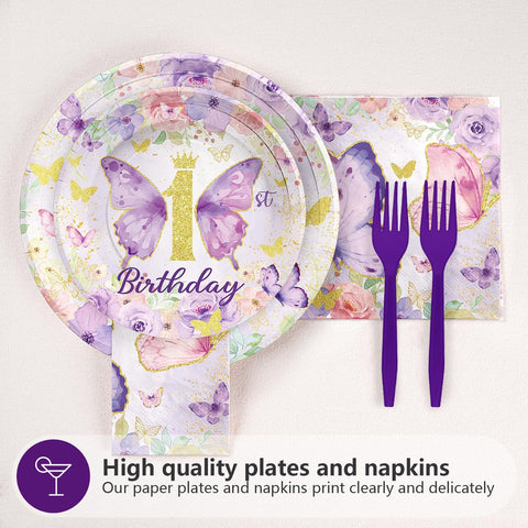 96 Pcs Butterfly 1st Birthday Party Plates and Napkins - Grencian