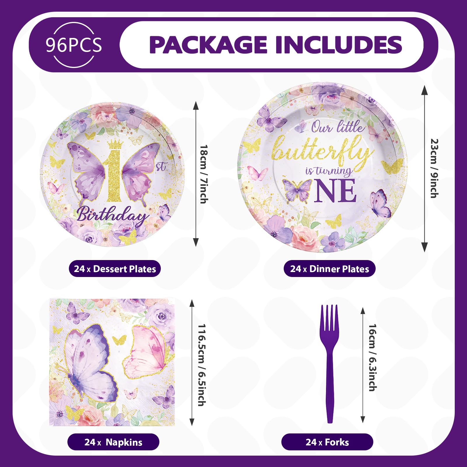 96 Pcs Butterfly 1st Birthday Party Plates and Napkins - Grencian