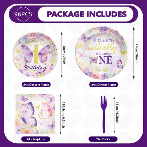 96 Pcs Butterfly 1st Birthday Party Plates and Napkins - Grencian