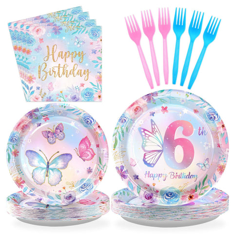 96 Pcs Butterfly 6th Birthday Party Plates and Napkins - Grencian