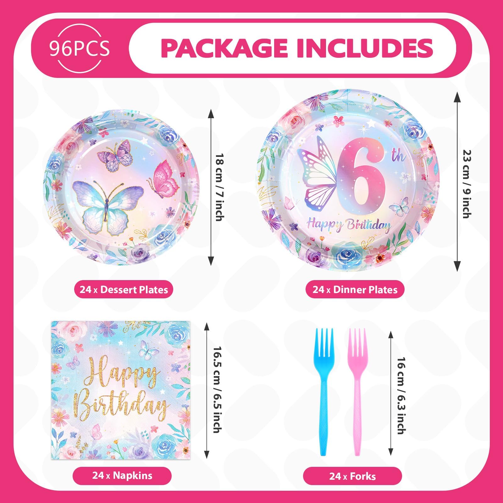 96 Pcs Butterfly 6th Birthday Party Plates and Napkins - Grencian