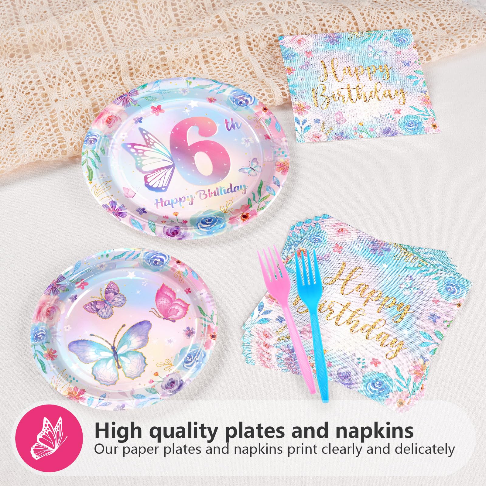 96 Pcs Butterfly 6th Birthday Party Plates and Napkins - Grencian