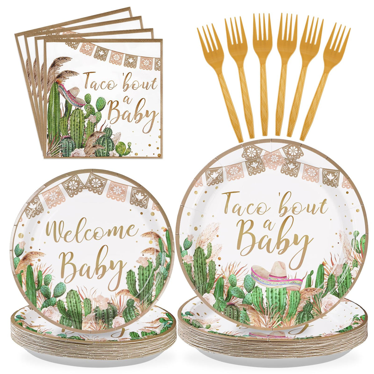 96 Pcs Cactus Baby Shower Party Plates and Napkins - Grencian