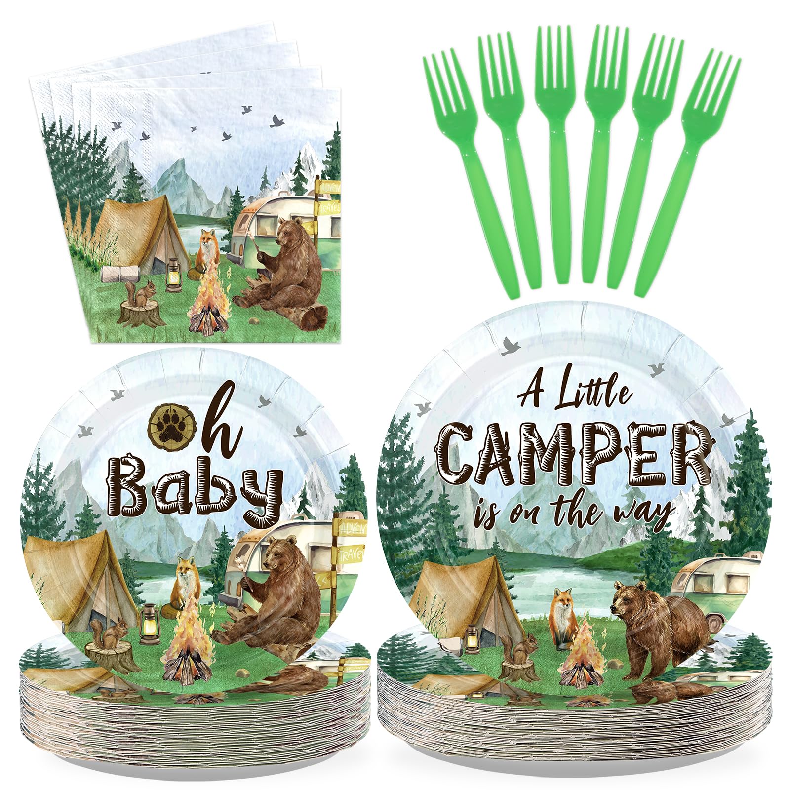 96 Pcs Camping Baby Shower Party Plates and Napkins - Grencian