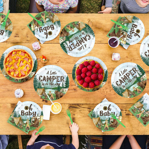 96 Pcs Camping Baby Shower Party Plates and Napkins - Grencian