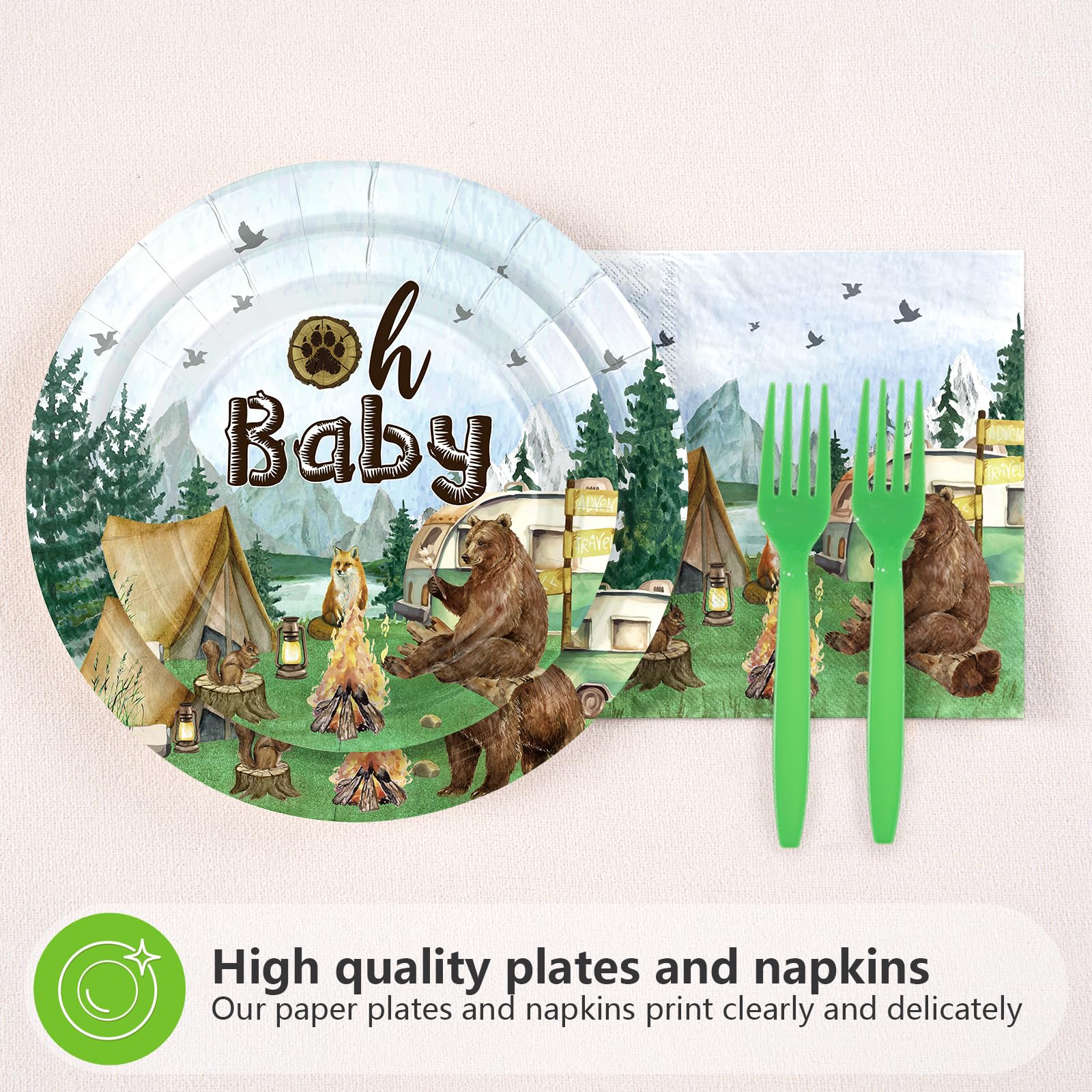 96 Pcs Camping Baby Shower Party Plates and Napkins - Grencian