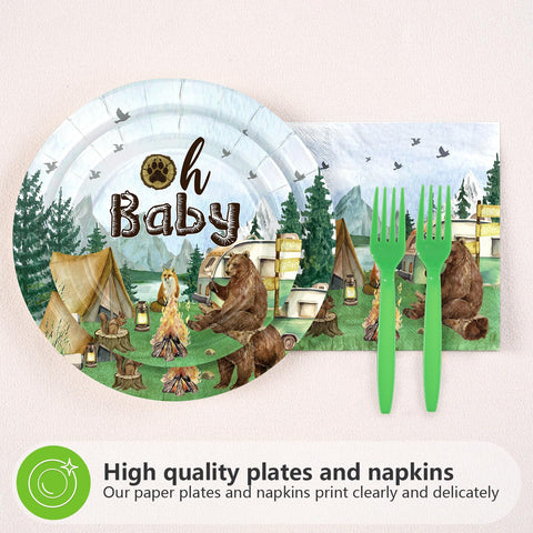 96 Pcs Camping Baby Shower Party Plates and Napkins - Grencian