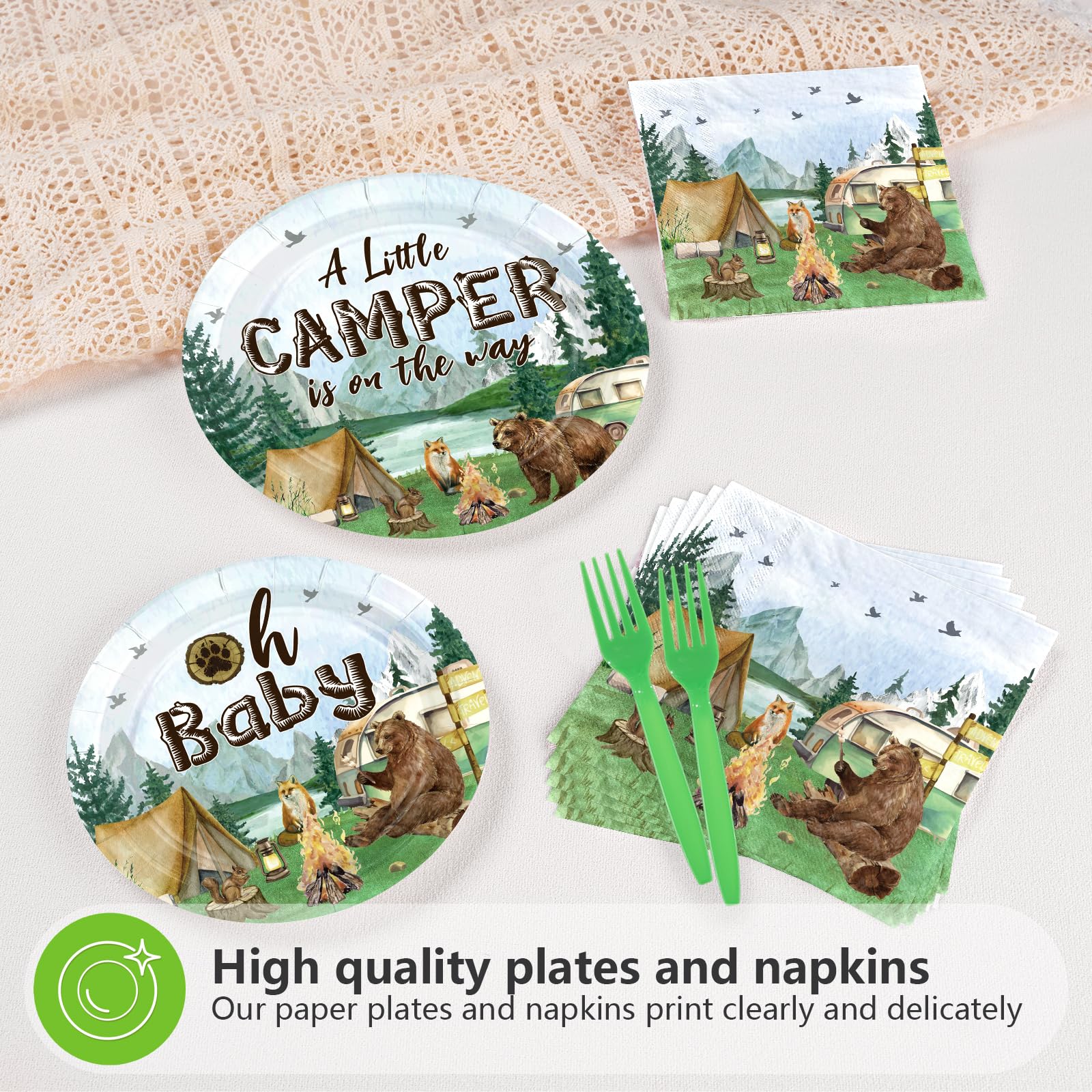 96 Pcs Camping Baby Shower Party Plates and Napkins - Grencian