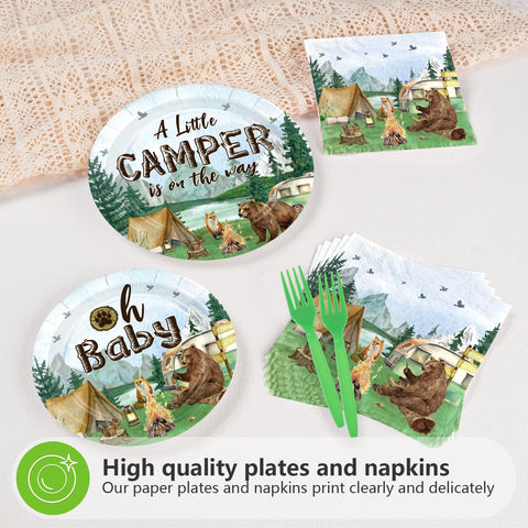 96 Pcs Camping Baby Shower Party Plates and Napkins - Grencian