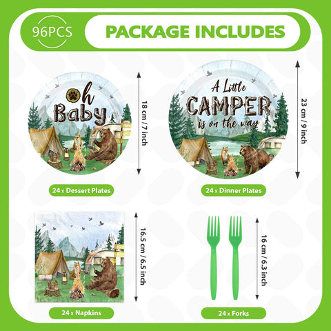 96 Pcs Camping Baby Shower Party Plates and Napkins - Grencian