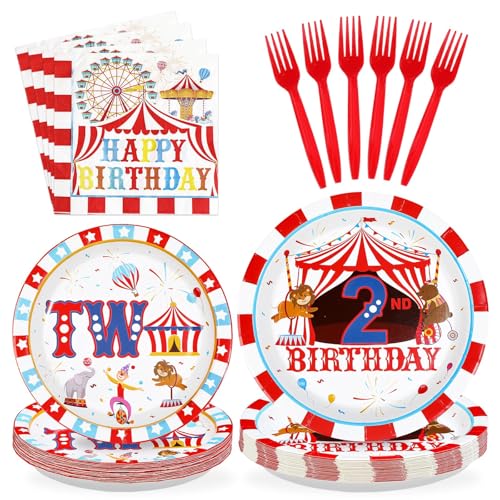 96 Pcs Carnival 2nd Birthday Party Plates and Napkins - Grencian
