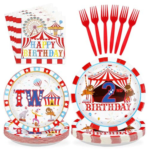 96 Pcs Carnival 2nd Birthday Party Plates and Napkins - Grencian