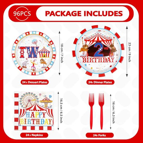 96 Pcs Carnival 2nd Birthday Party Plates and Napkins - Grencian