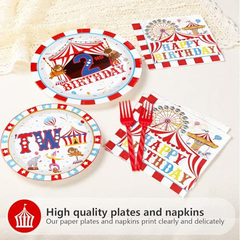 96 Pcs Carnival 2nd Birthday Party Plates and Napkins - Grencian