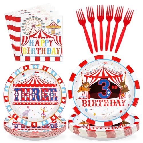 96 Pcs Carnival 3rd Birthday Party Plates and Napkins - Grencian