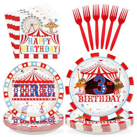 96 Pcs Carnival 3rd Birthday Party Plates and Napkins - Grencian