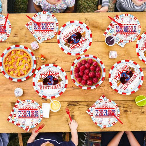 96 Pcs Carnival 3rd Birthday Party Plates and Napkins - Grencian