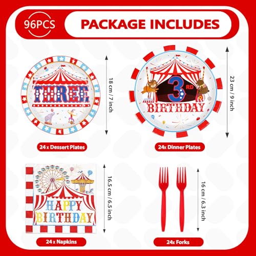96 Pcs Carnival 3rd Birthday Party Plates and Napkins - Grencian