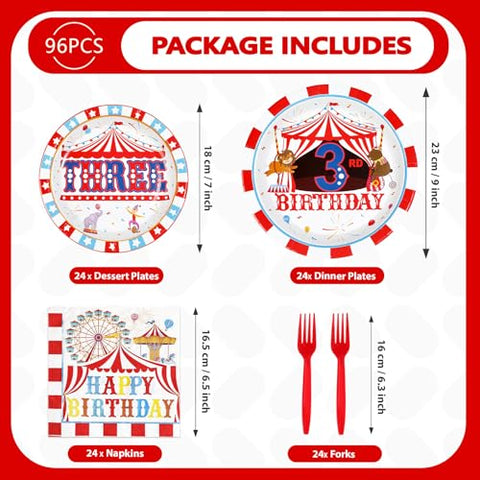 96 Pcs Carnival 3rd Birthday Party Plates and Napkins - Grencian