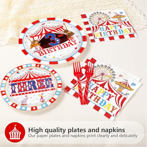96 Pcs Carnival 3rd Birthday Party Plates and Napkins - Grencian