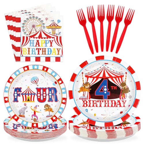 96 Pcs Carnival 4th Birthday Party Plates and Napkins - Grencian