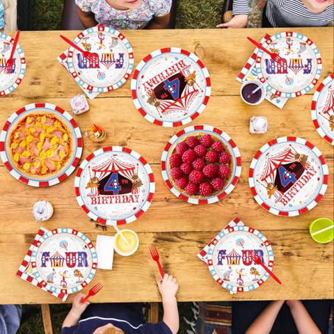 96 Pcs Carnival 4th Birthday Party Plates and Napkins - Grencian