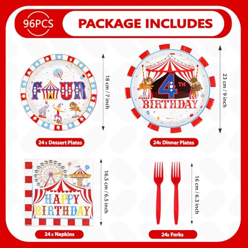 96 Pcs Carnival 4th Birthday Party Plates and Napkins - Grencian