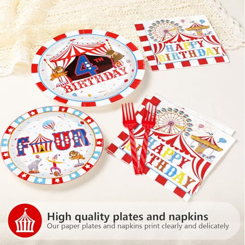 96 Pcs Carnival 4th Birthday Party Plates and Napkins - Grencian
