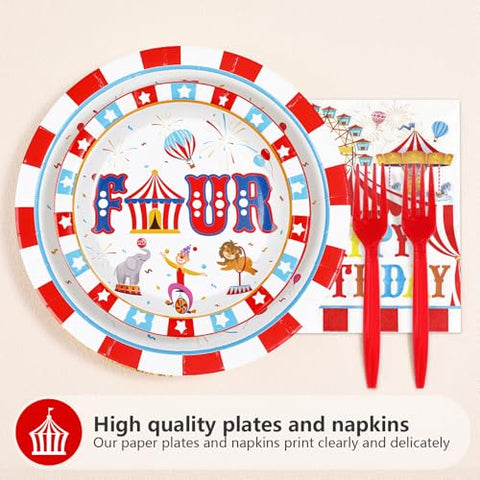 96 Pcs Carnival 4th Birthday Party Plates and Napkins - Grencian