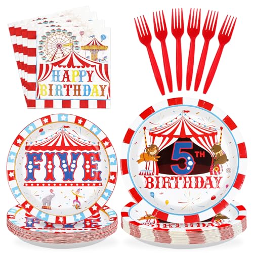 96 Pcs Carnival 5th Birthday Party Plates and Napkins - Grencian