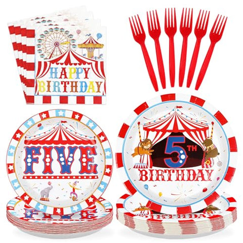 96 Pcs Carnival 5th Birthday Party Plates and Napkins - Grencian