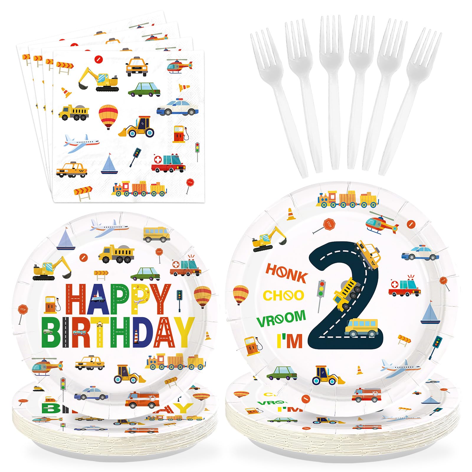 96 Pcs Cars 2nd Birthday Party Plates and Napkins - Grencian